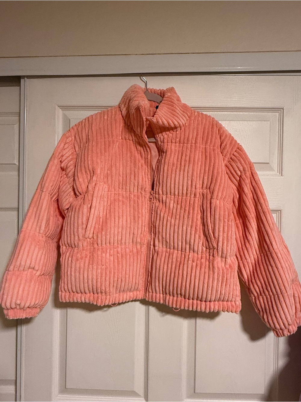 Coral Pink Corduroy Puffer Jacket